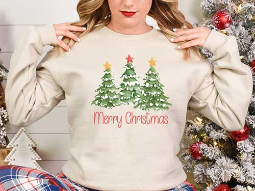 Merry Christmas Crewneck Sweatshirt with 3 Christmas Trees
